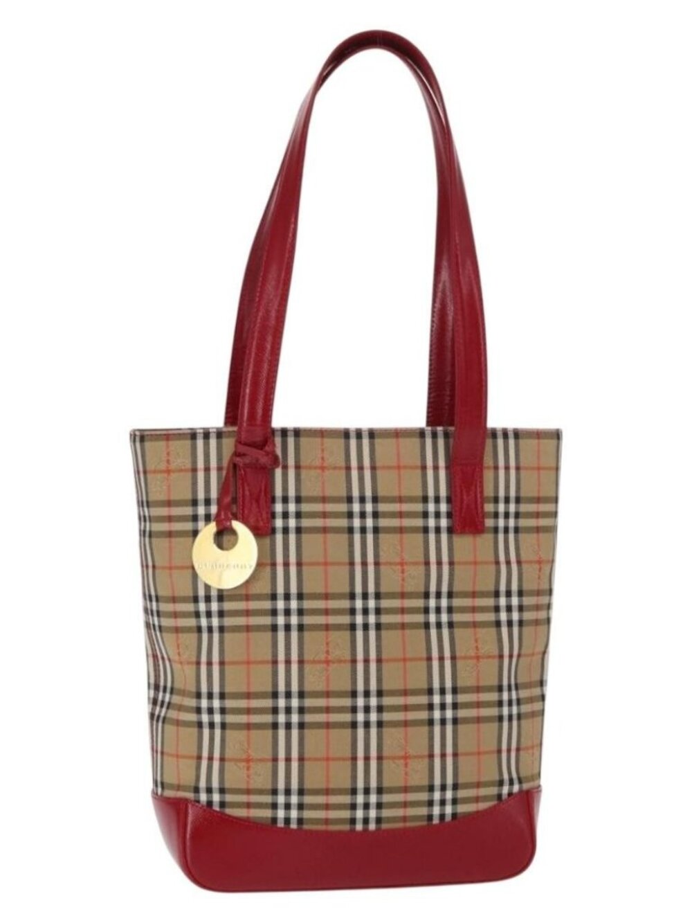 BURBERRY Nova Check Tote Bag Canvas Leather Beige Red gold Auth gh1367 - Picture 1 of 16